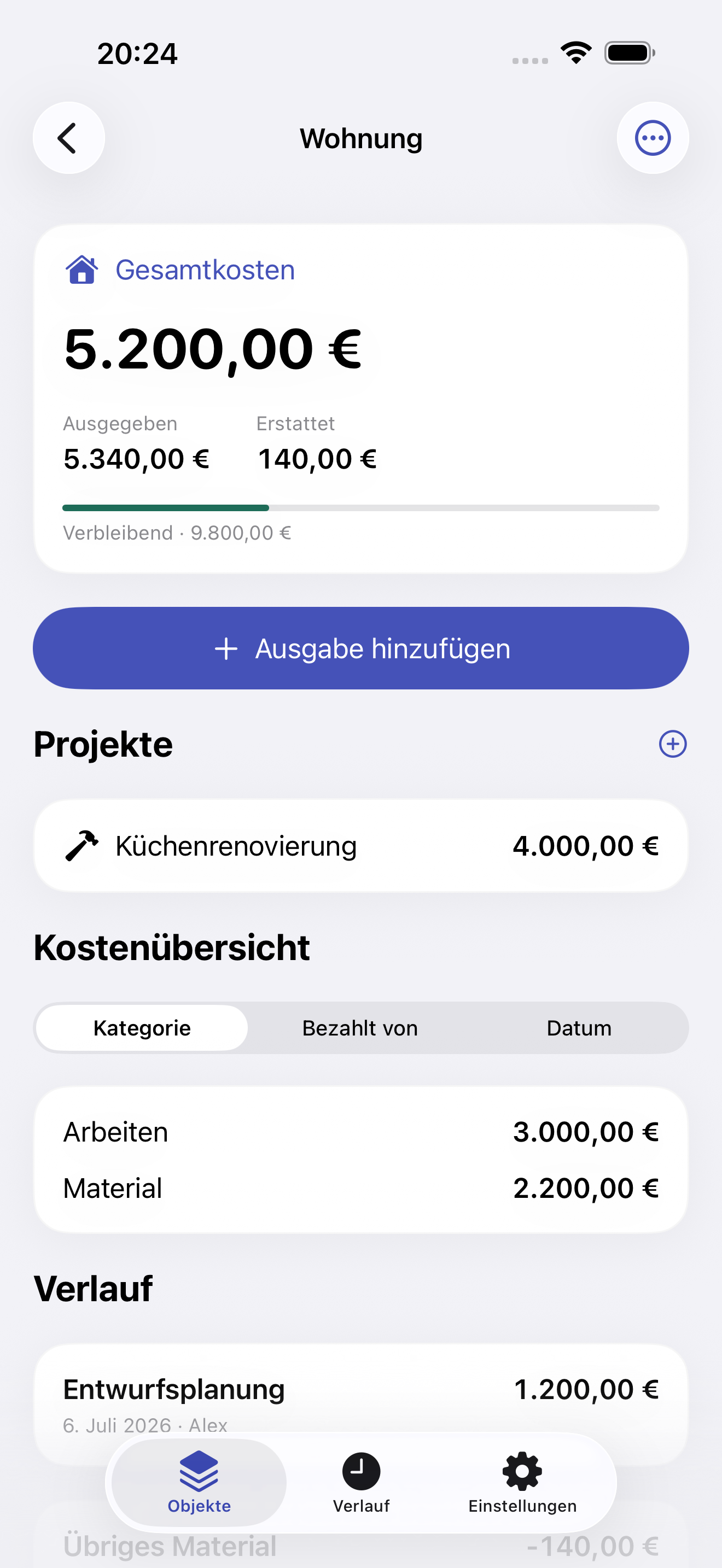 Projektausgaben zählen genau einmal zur Gesamtsumme. Erstattungen werden abgezogen.
