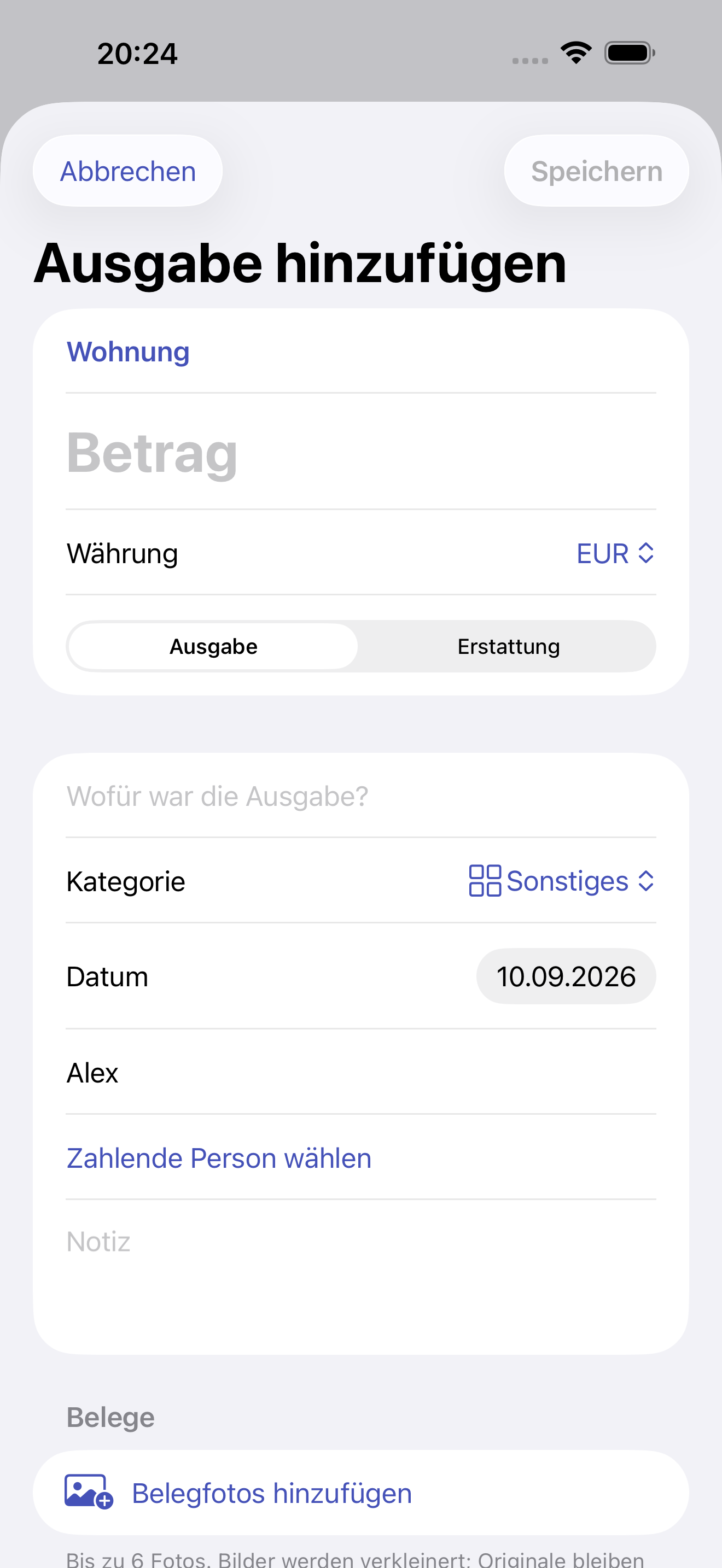 Nur Betrag und Objekt sind erforderlich. Kategorie, zahlende Person und Belegfoto ergänzen den Eintrag.