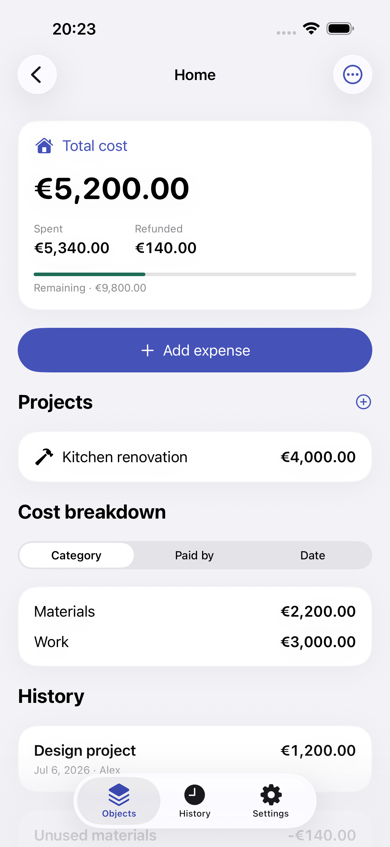 Project expenses count once in the object total. Refunds reduce it. No manual spreadsheet consolidation.