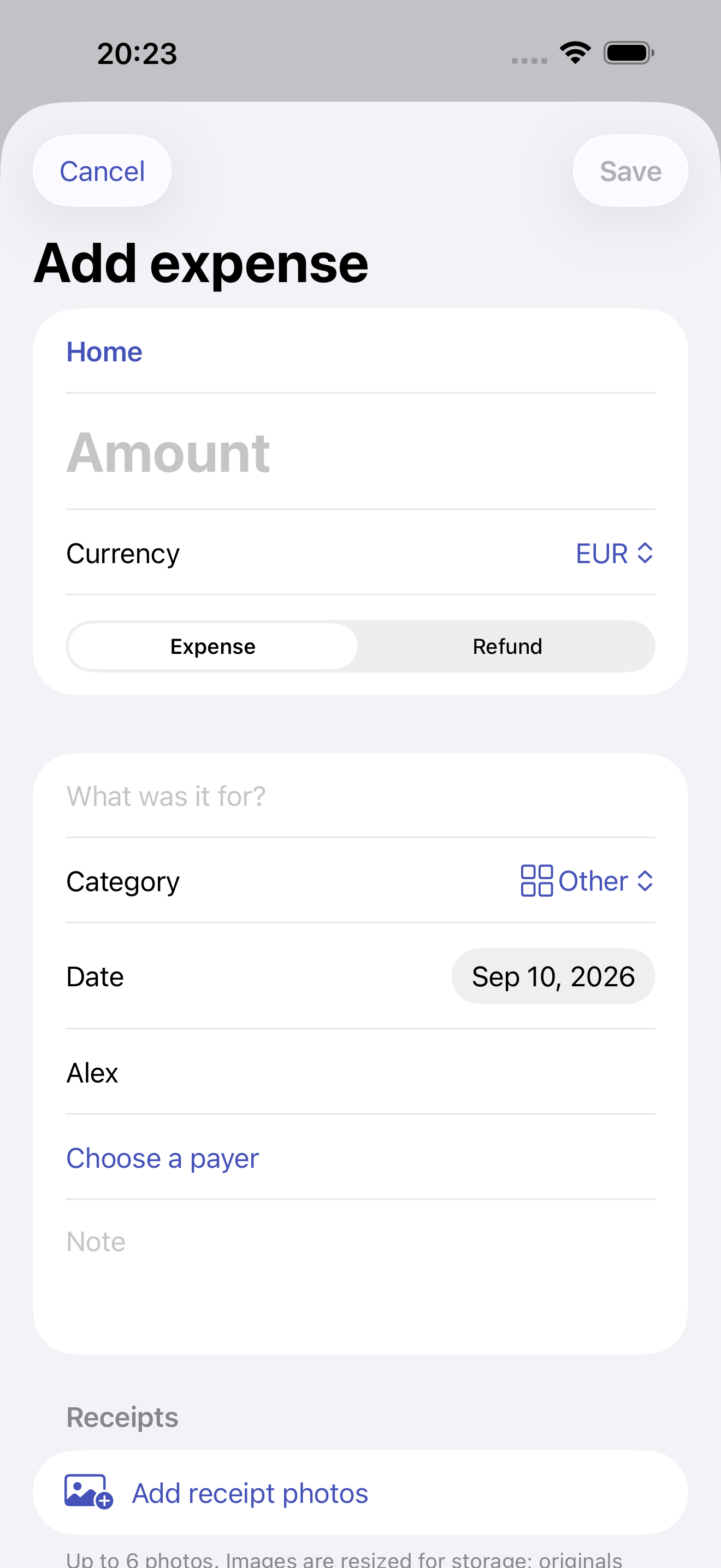 Only the amount and object are required. Add a category, payer or receipt photo for context.