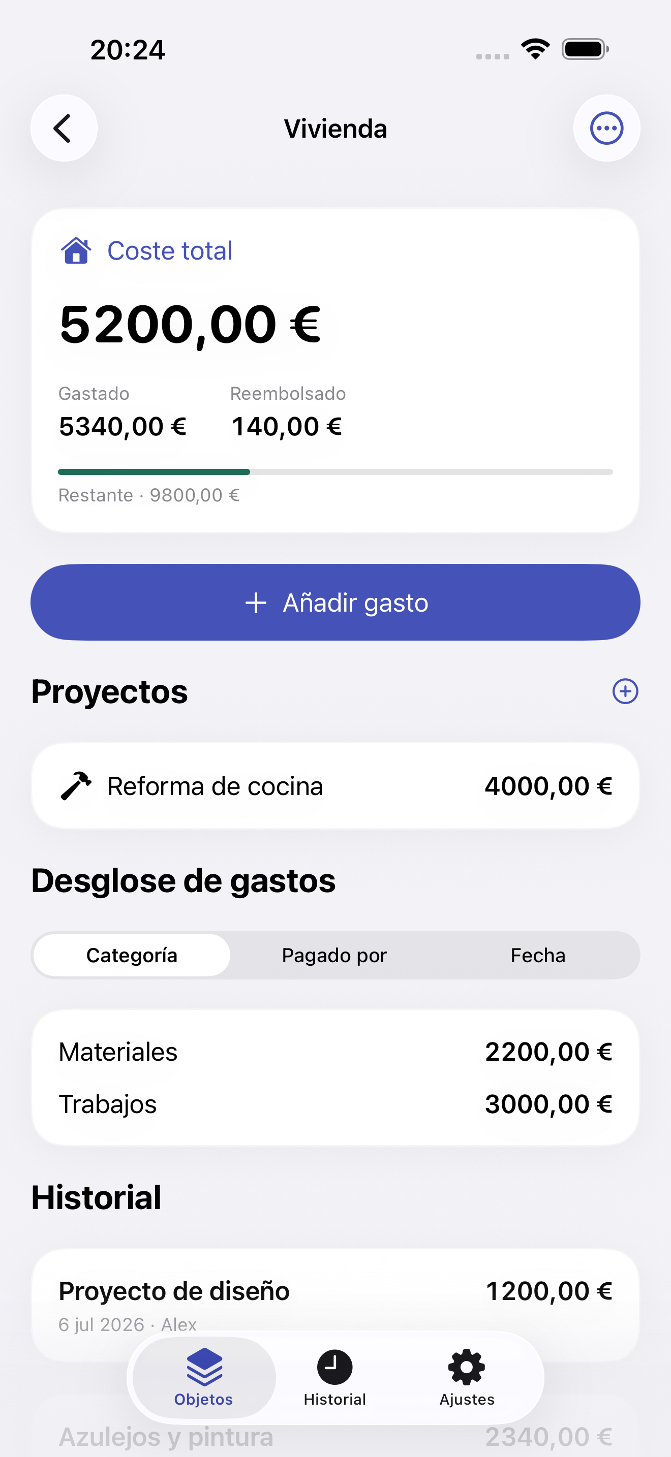 Los gastos de cada proyecto cuentan una vez. Los reembolsos reducen el total.