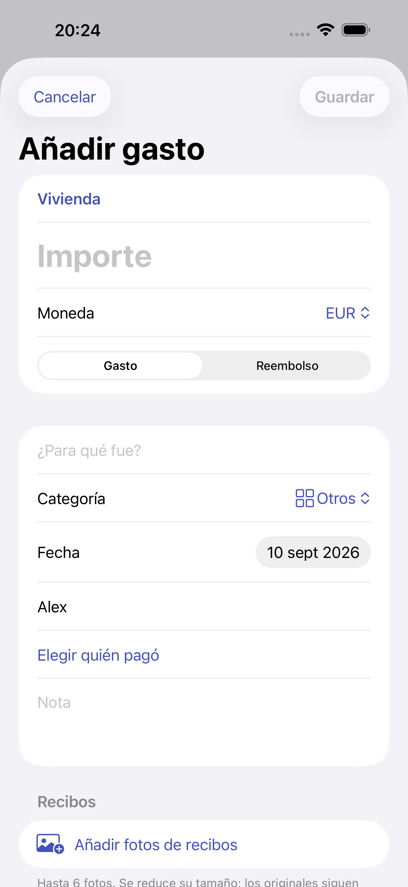 Solo son obligatorios el importe y el objeto. Añade categoría, pagador y foto del recibo.