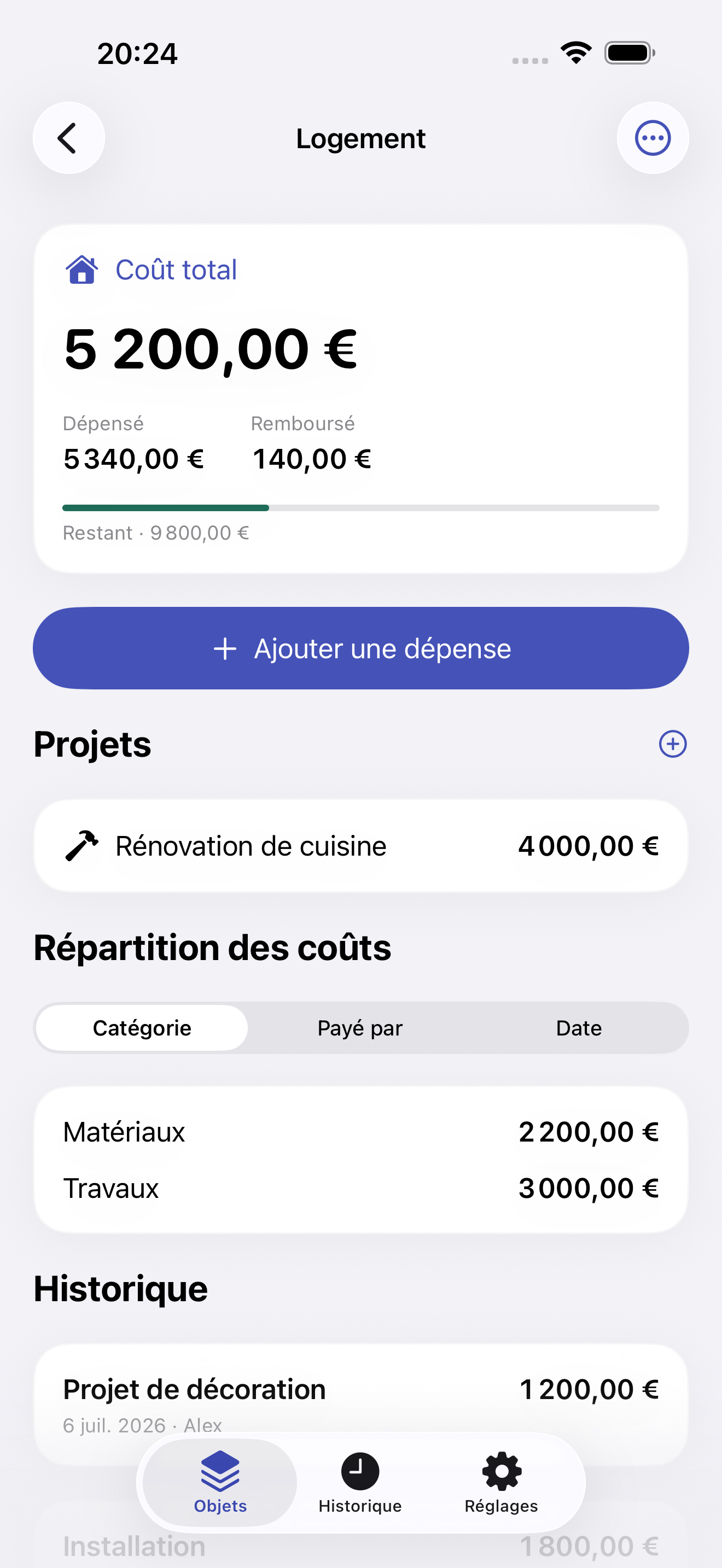 Chaque dépense de projet compte une seule fois. Les remboursements réduisent le total.