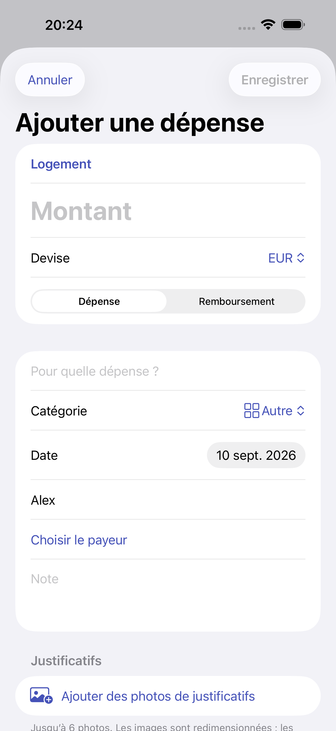 Seuls le montant et l’objet sont obligatoires. Ajoutez catégorie, payeur et photo du reçu.