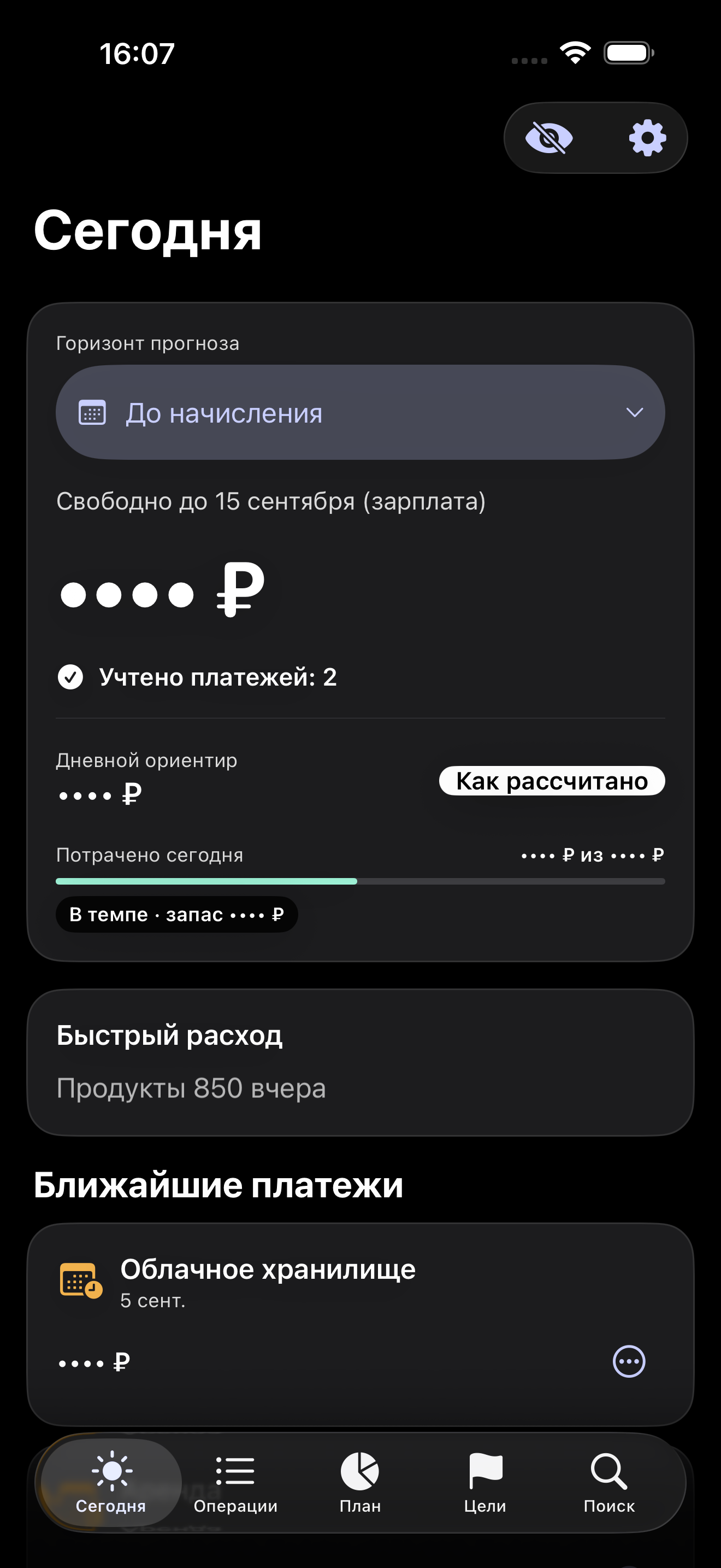 Тёмная тема приложения с включённым скрытием сумм.